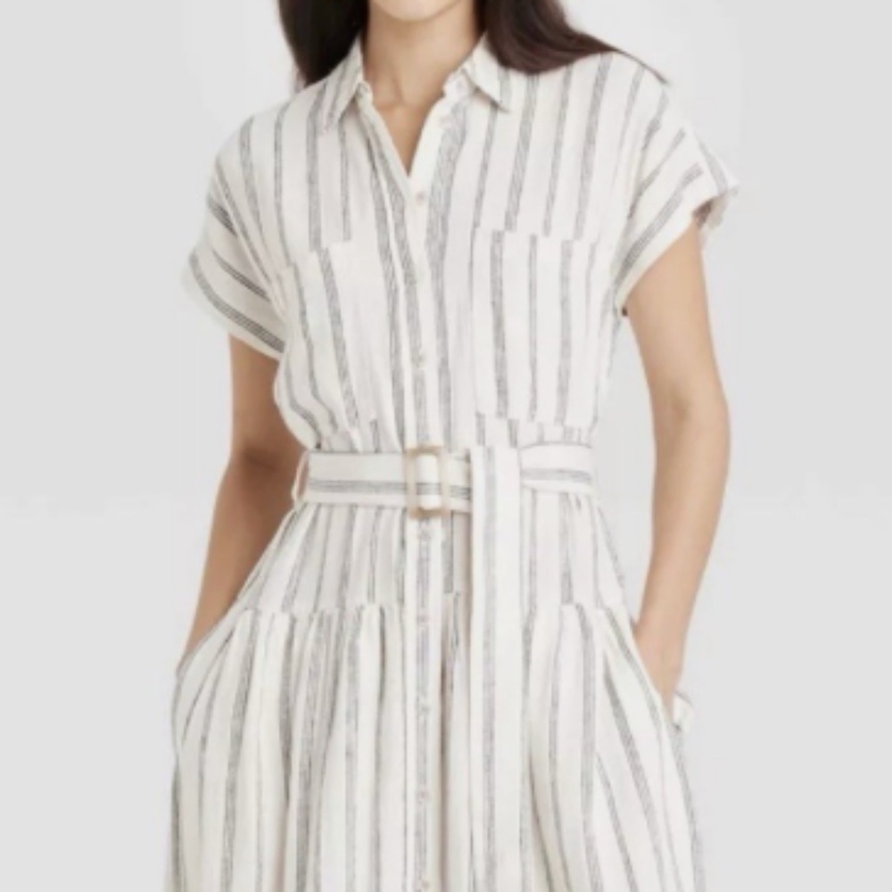 Universal Thread Belted Short Sleeve Midi Striped Shirt Dress